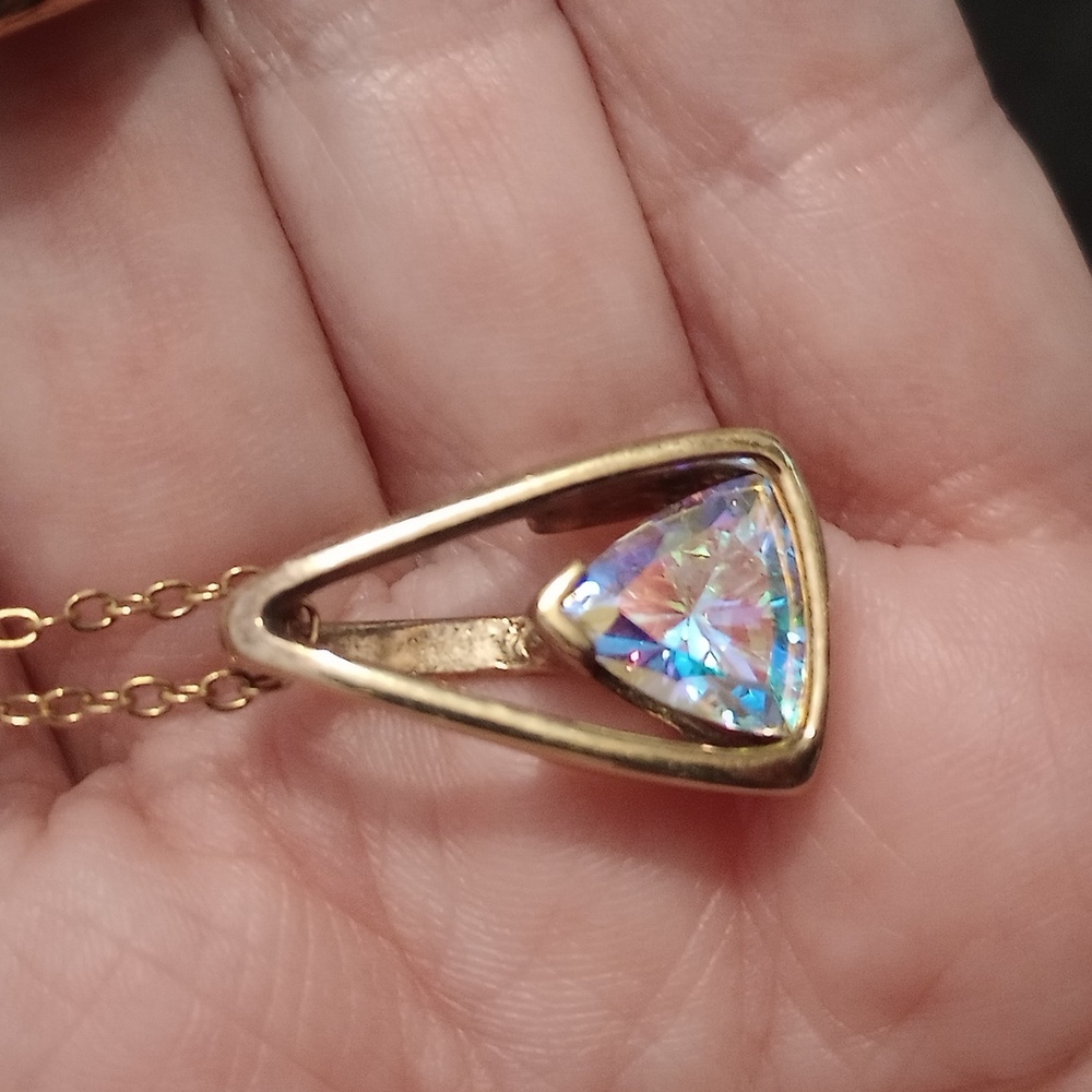 Gold Trillion Cut Aurora Borealis CZ Pendant Necklace